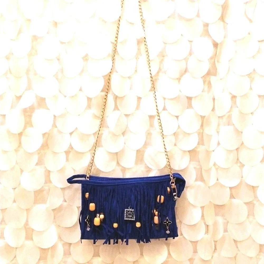 Fringed CROSSBODY BLUE Purse‎ Clutch w Chain Charm Enamel Flower Charm